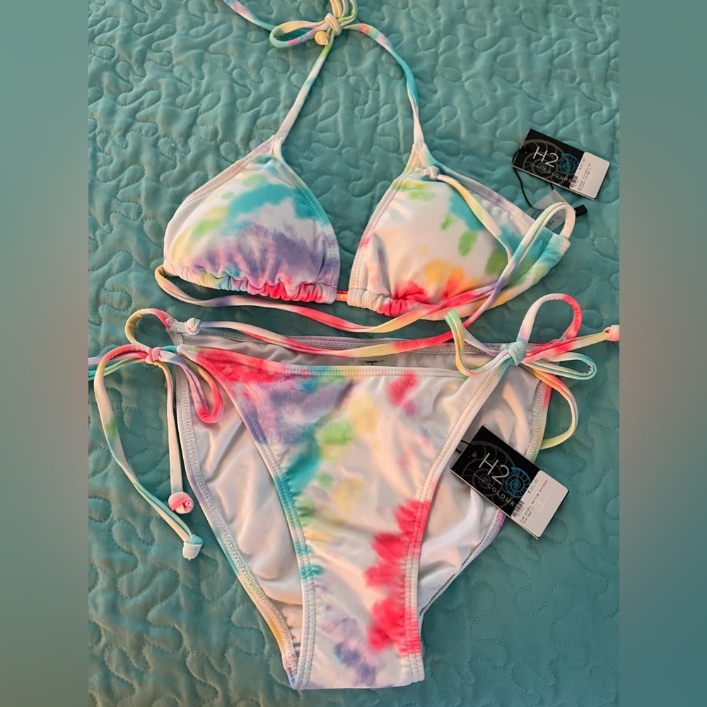 H2OH! NWT Brightly Multicolored Perky Tie Dye Triangle String Bikini, S, cute!